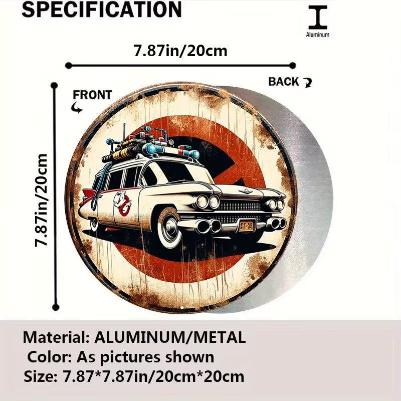 HELLOYOUNG Wanddekoration Ghostbusters Ecto-1 Auto Vintage Metallschild aus Aluminium, Runde Wandkunst Durchmesser: 20 cm - Bild 2