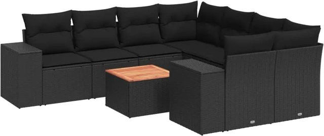 vidaXL 9-tlg Garten-Sofagarnitur in L-Form aus schwarzem Poly-Rattan mit Kissen und pulverbeschichtetem Stahlgestell - Bild 1
