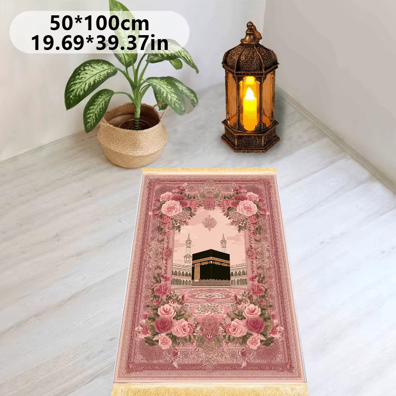 VIKAMA Muslimischer Gebetsteppich mit rosa Herz-Print und floralem Design, faltbare und waschbare islamische Reisematte in Pink - Bild 4