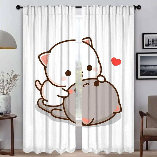 2er-Set Pfirsich Mochi Katze Küchenvorhänge aus Tüll in Weiß, halbtransparent und modern, Breite: 50 cm, Höhe: 70 cm - Bild 1