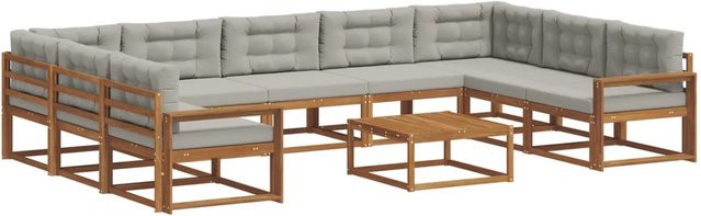 vidaXL Outdoor-Sofagarnitur 10-teilig aus Akazienholz in Natur mit hellgrauen Kissen im L-Shape Design - Bild 1