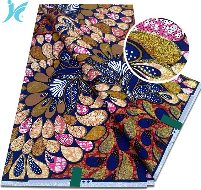 FANYUE Ankara Wachsstoff 2026 Sprinkle African Grand Super Batik in Gold und Multicolour mit Glitzerndem Goldprint - Bild 1