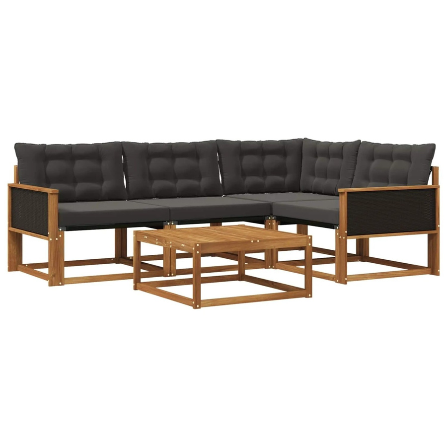 vidaXL Outdoor-Sofagarnitur L-Form aus massivem Akazienholz mit Textilene und 5 Kissen in Schwarz und Natur - Bild 2