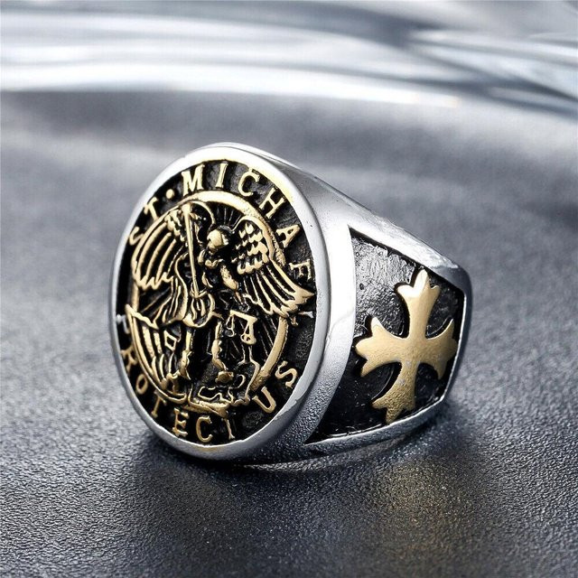 Ring Erzengel St Heiliger Michael, Edelstahl, Gold, Herren, Ringgröße 7-15 - Bild 1