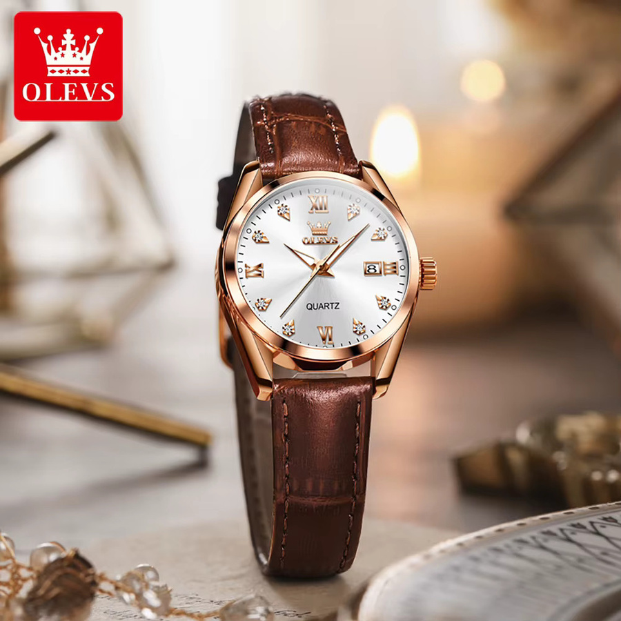 OLEVS Armbanduhr, Quarz, Leder, Diamant, Roségold, Damen - Bild 3