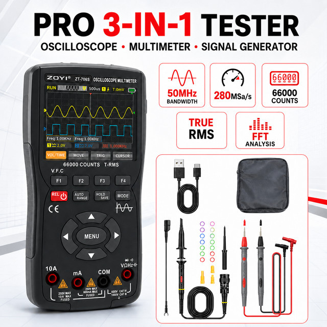 ZOYI Digitales Multimeter Oszilloskop und Signalgenerator, 2-Kanal 50MHz, Hochpräzises Spannungsmessgerät mit automatischer Bereichswahl, Schwarz - Bild 1