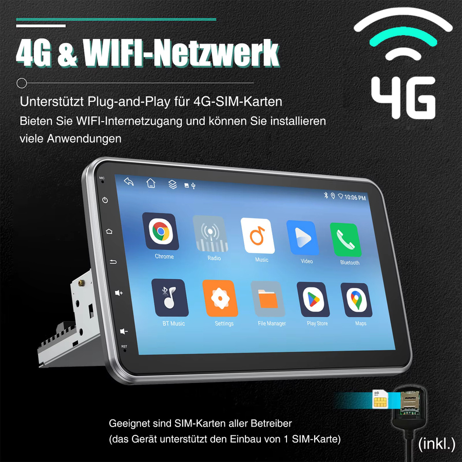 ESSGOO Universelles 1DIN Autoradio mit Android 14, 8-Kern Prozessor, 6+128G Speicher, 360° drehbarem Touchscreen, kabellosem CarPlay, Android Auto, GPS, 4G LTE, WiFi und Bluetooth in Schwarz - Bild 4