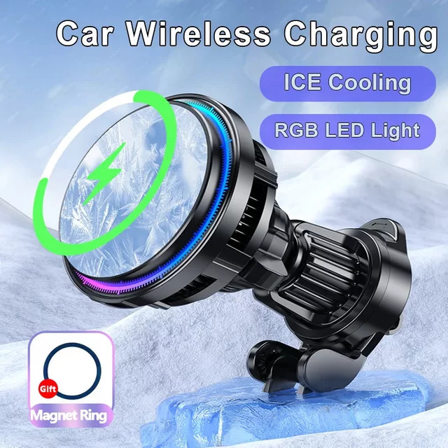 VIKEFON Magnetisches kabelloses Autoladegerät mit Eiskühlung für iPhone 15 14 13 12 Pro Max MagSafe Schnellladestation, Schwarz - Bild 1
