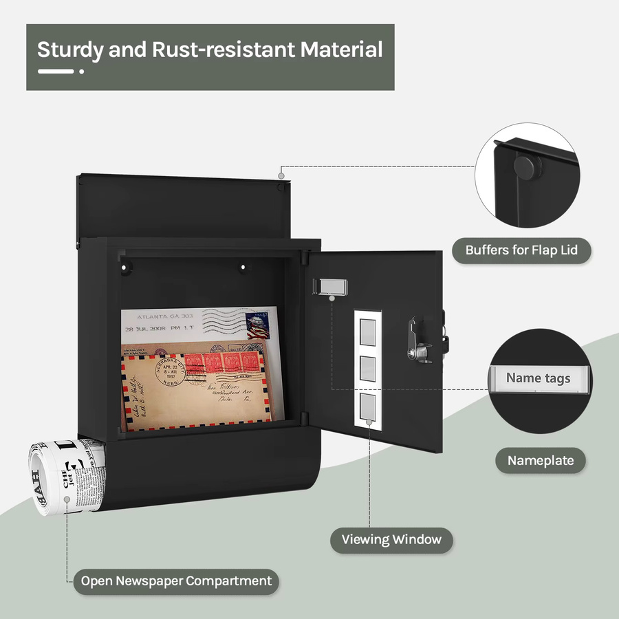 WOLTU Briefkasten aus Metall in Schwarz mit Schloss, Namensschild und Sichtfenster zum Aufhängen - Bild 2