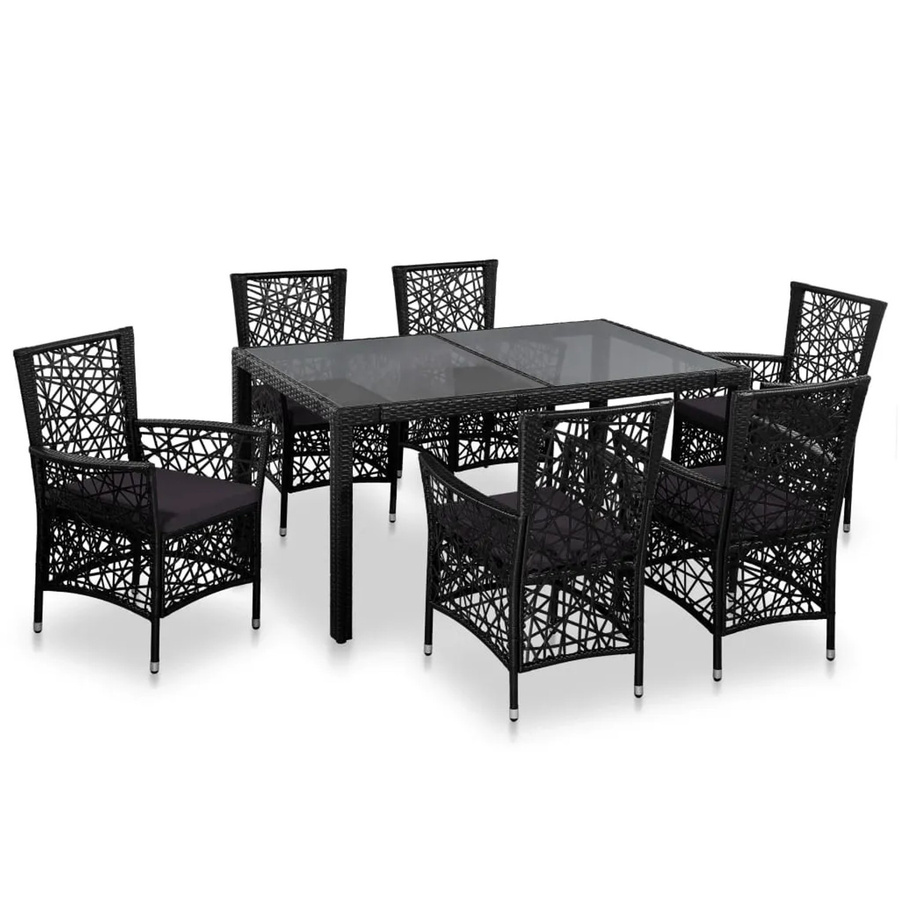 vidaXL 7-tlg Garten-Essgruppe aus Polyrattan in Schwarz und Grau mit Glastisch - Bild 2