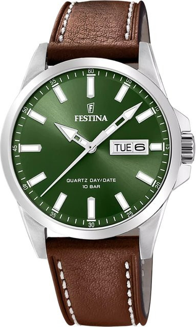 Festina Herrenuhr, Quarz, Edelstahl, Leder, Grün, 41 mm, 10 ATM - Bild 1
