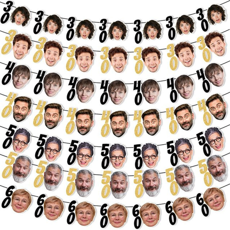 Joy-enlife Personalisierte Geburtstag Party Girlande aus Papier in Schwarz und Gold mit Foto-Gesichtern für Erwachsene - Bild 1