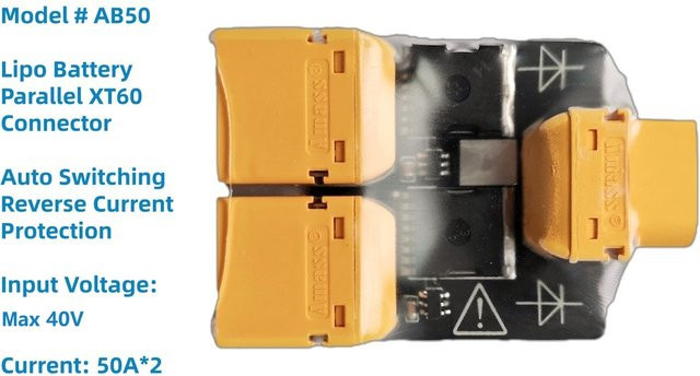 Autoro AB50 Dual-Batterie-Parallelplatine mit automatischer Umschaltung und Verpolungsschutz, LiPo XT60 Anschluss/Adapter für LiPo-Akkus, Gelb - Bild 1