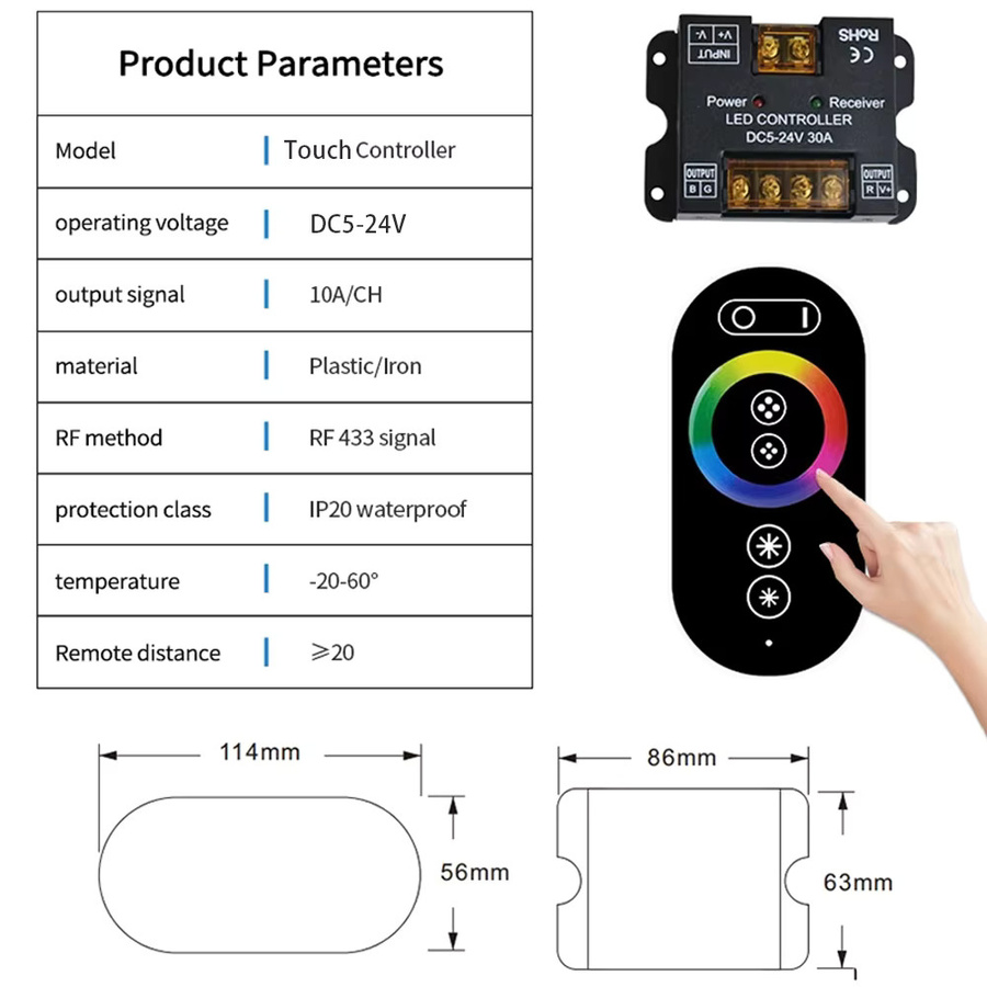 YSRSAI High-Power LED Controller DC5-24V mit RF-Touch-Fernbedienung, 30A RGB CCT Dimmer für SMD COB LED Streifen, Schwarz - Bild 5