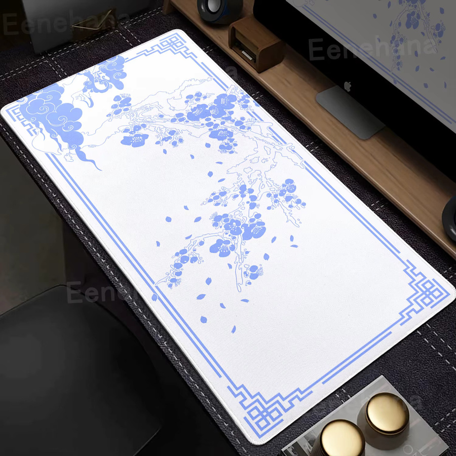 Eenehana XXL Gaming Mauspad im japanischen Stil mit Kirschblüten in Weiß und Blau - Bild 2