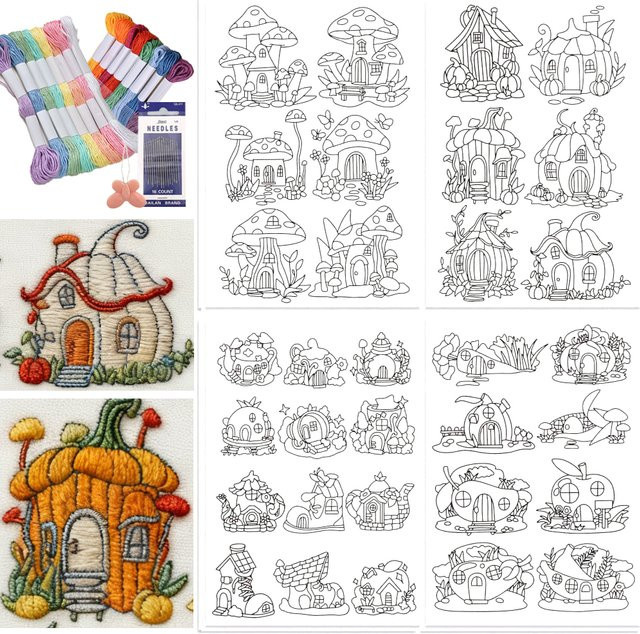 4 Blatt selbstklebende und wasserlösliche Stickerei-Aufkleber mit Cartoon House Motiven in Multicolor - Bild 1