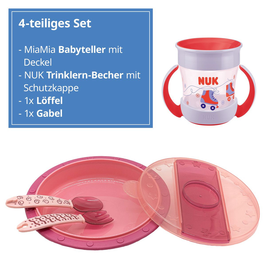 NUK 4-tlg. Reise-Set für unterwegs mit Babyteller, Besteck und Trinklernbecher in Pink - Bild 2