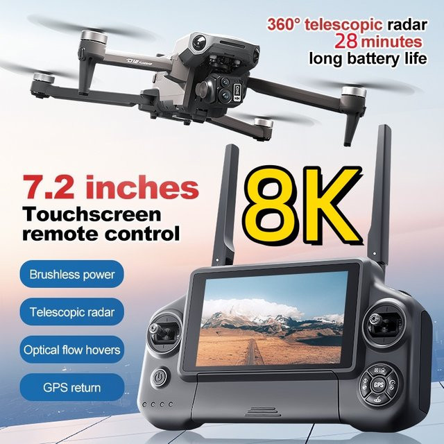 Tccicadas 8K RC-Drohne mit 3-Achsen-Gimbal, 7,2-Zoll-Touchscreen FPV-Fernbedienung, Hindernisvermeidung, GPS-Rückkehr und Airdrop in Grau - Bild 1