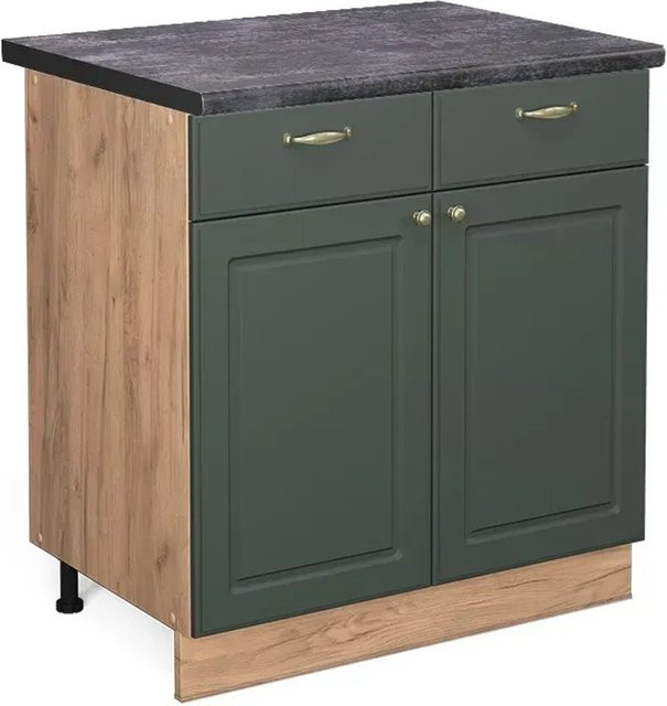 Vicco Küchenunterschrank Fame-Line Landhausstil in Grün-Gold und Anthrazit mit Eiche-Optik und Soft-Close-Schubladen, Breite: 80 cm, Höhe: 82 cm, Tiefe: 60 cm - Bild 1