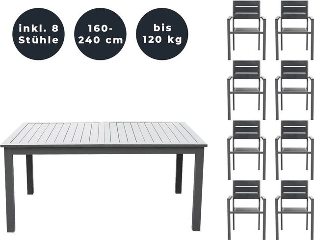 Home Deluxe Garten-Sitzgruppe Casa Madera ausziehbar aus Aluminium und Holz, 8-teilig, Anthrazit/Grau - Bild 2