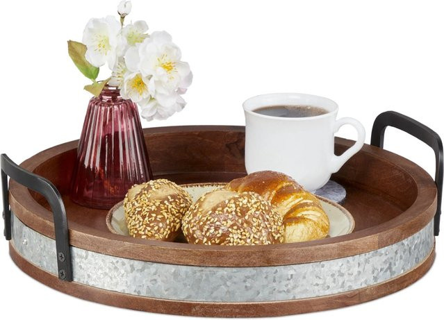 Relaxdays Serviertablett aus Mangoholz mit Metallrand und Griffen, B/T/H: 36 x 35 x 9 cm, Braun Silber Schwarz - Bild 1