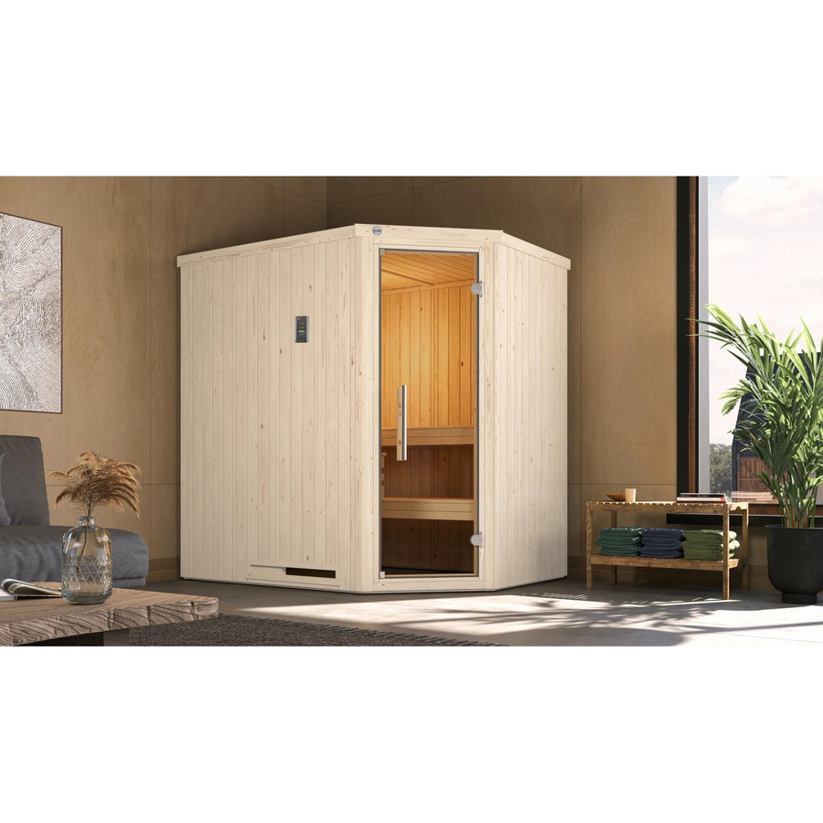Weka Elementsauna Varberg Trend 1 Sparset in Weiß mit 7,5 kW Ofen und Glastür, B/H/T: 194 x 199 x 144 cm - Bild 3