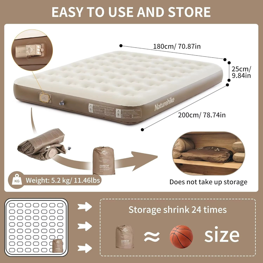 Naturehike Camping-Luftmatratze für 2-3 Personen mit integrierter Pumpe, Farbe: Beige, Höhe: 25 cm - Bild 6