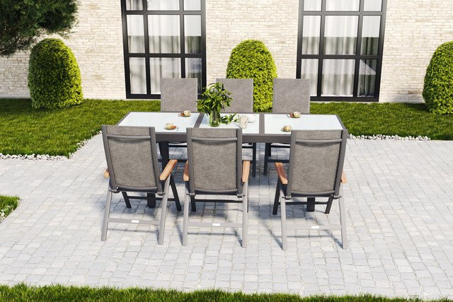 Villana Garten-Essgruppe für 6 Personen mit ausziehbarem Tisch, Farbe Anthrazit/Grau, aus Aluminium, Glas und Eukalyptusholz - Bild 1