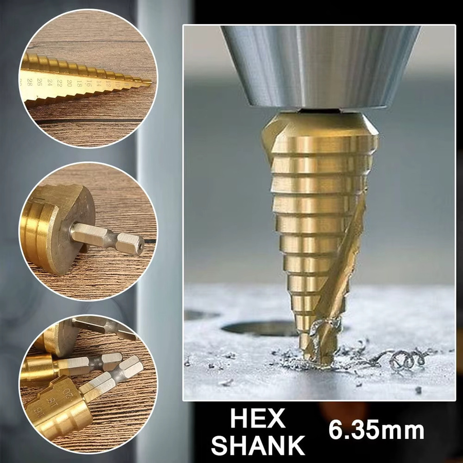 SI FANG Stufenbohrer Set mit gerader Nut und Sechskantschaft, titanbeschichtet, 3 Stück (4–12 mm, 4–20 mm, 4–32 mm) - Bild 3