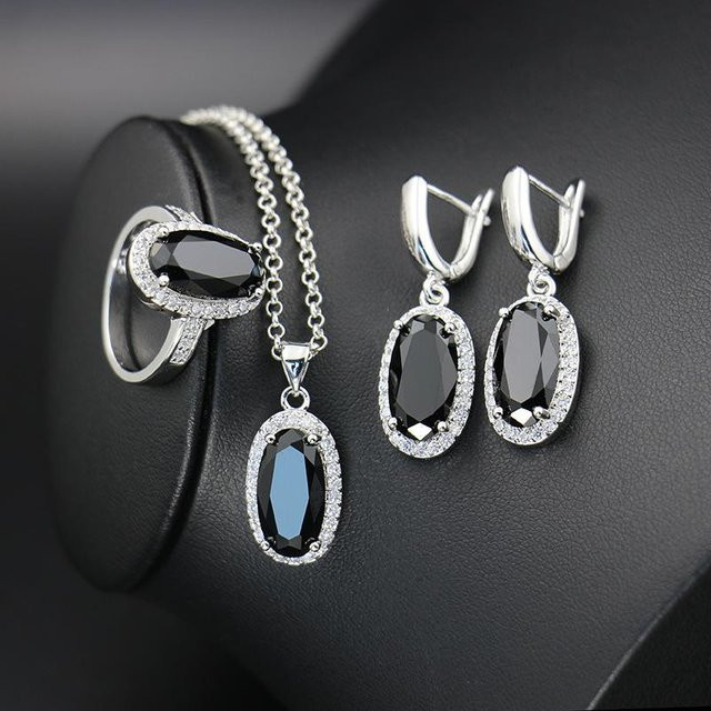 YIRAN Schmuck-Set, Halskette, Ohrringe, Ring, Kupfer, Schwarz, Zirkonia, Unisex - Bild 1