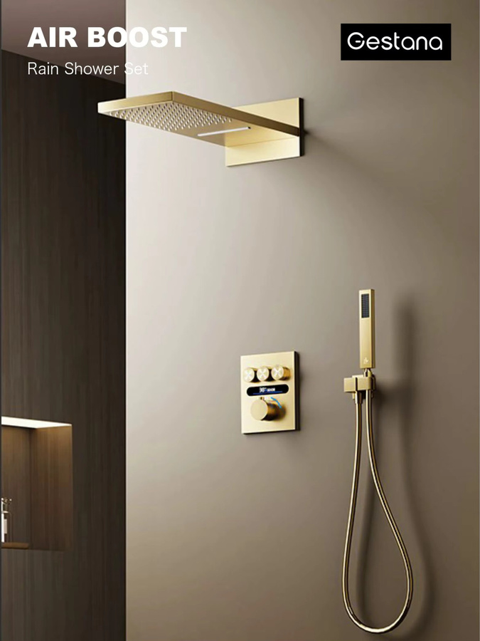 Gestana Luxuriöses Messing-Duschsystem in Gebürstetem Gold mit LED-Digitalanzeige und Deckeneinbau-Badarmatur - Bild 3