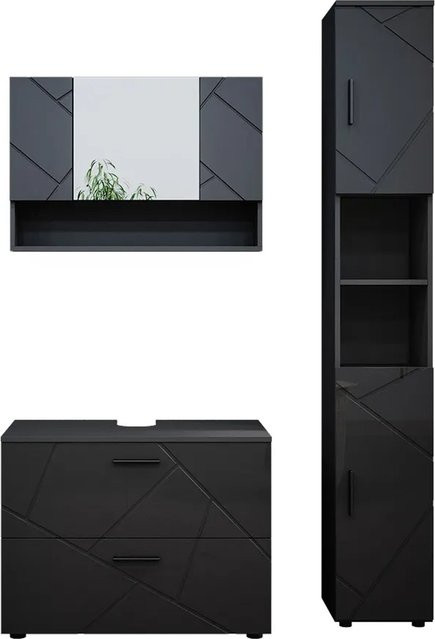 Vicco Badmöbelset Irma in Anthrazit Hochglanz, 3-teiliges Badezimmer-Set mit Spiegelschrank und Waschtischunterschrank, Breite: 80 cm - Bild 2