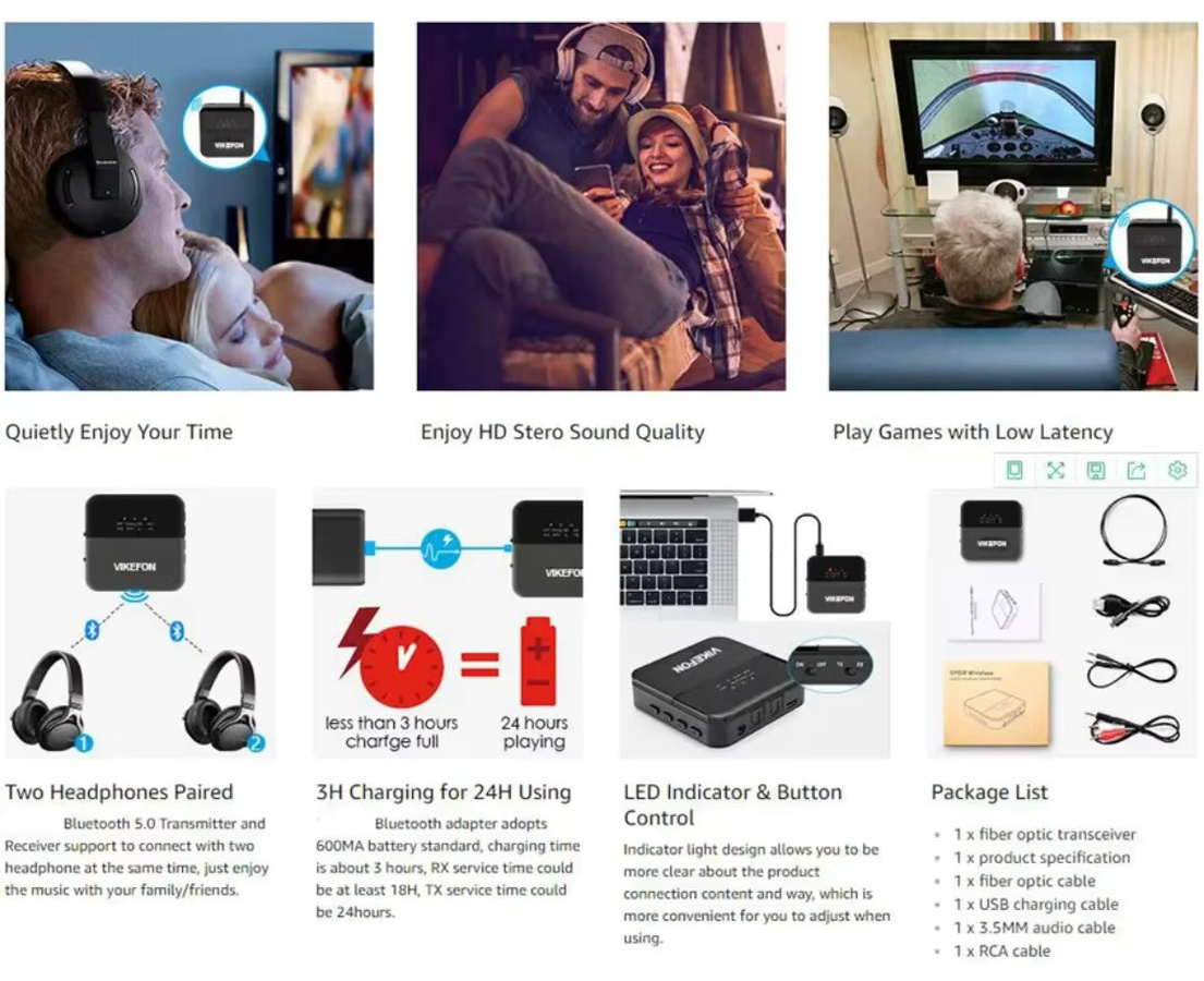 Muzisn Bluetooth 5.0 Audio Adapter RCA SPDIF und 3,5 mm Klinke als Sender und Empfänger mit AptX HD LL Low Latency in Schwarz - Bild 3