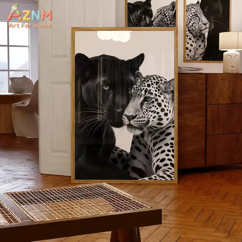 AZNM Wandkunstdruck Schwarzer Panther und Leopard als Leinwand-Wanddekoration in Schwarz-Weiß - Bild 2