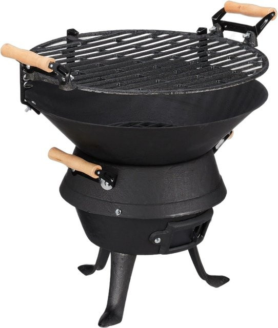 Relaxdays Grillfass aus Gusseisen und Holz in Schwarz, höhenverstellbar, B/T/H: 45 x 40 x 36 cm - Bild 1