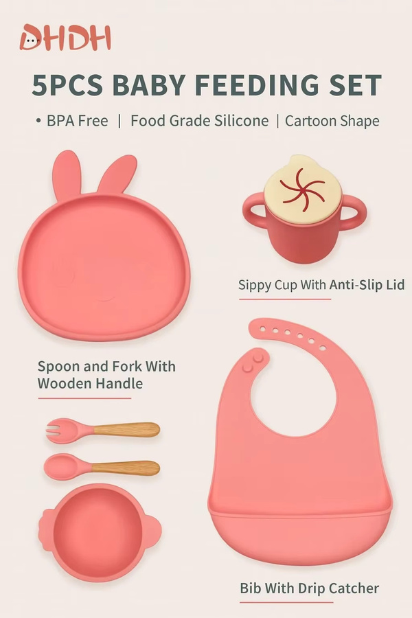 DHDH Babyfütterungsset aus Silikon in Pink, BPA-frei, bestehend aus Silikonschüssel mit Saugnapf, Lätzchen, Tasse, Gabel und Löffel - Bild 1