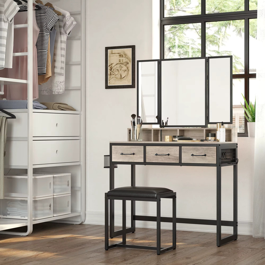 VASAGLE Schminktisch im Industrial Design mit Klappspiegel, Föhnhalter und gepolstertem Hocker in Schwarz oder Braun - Bild 1