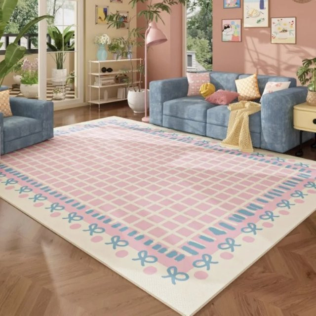 VIKAMA Teppich mit rosa Gitter-Schleifenmuster, rutschfest und weich für Kinderzimmer oder Wohnzimmer, Breite: 120 cm - Bild 1