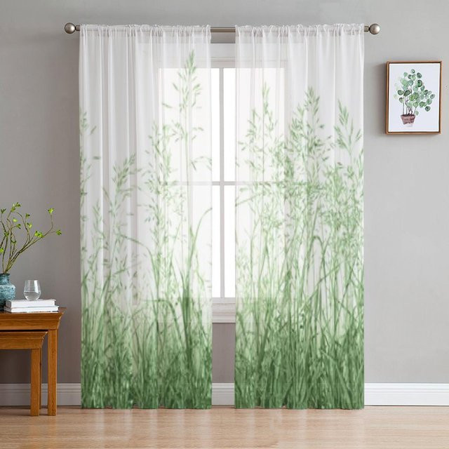 A Family Of Home Textiles Transparente Voile Tüll Vorhänge mit abstraktem Gras-Design, Weiß, B: 135 cm, H: 160 cm - Bild 1