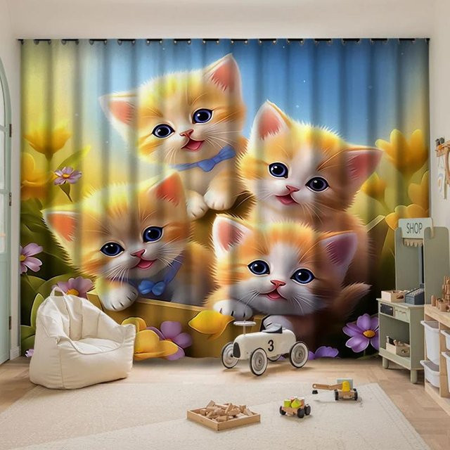 Verdunkelungsvorhänge mit Katzenmuster von Yiran Furniture für Kinderzimmer, thermoisolierend und schattierend, Mehrfarbig, B: 55 cm, H: 185 cm - Bild 1