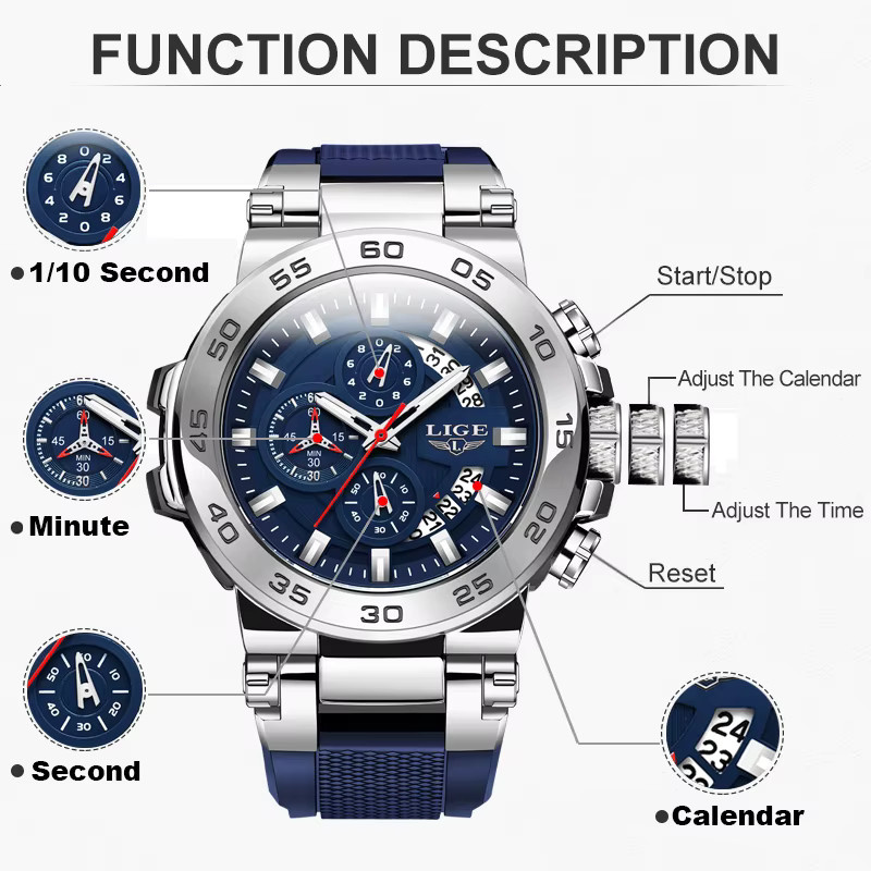 LIGE Digitaluhr, Chronograph, Quarz, Schwarz, Silikon, Herren - Bild 3