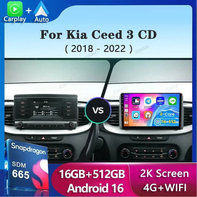 RSNAVI Android 16 Autoradio mit WIFI und 4G für Kia Ceed 3 CD (2018-2022) Multimedia-Videoplayer mit Navigation, GPS und DSP in Schwarz - Bild 1
