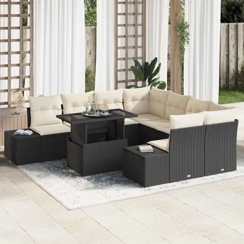 Vidaxl Garten-Sofa-Set aus Polyrattan mit 9 Teilen in Schwarz und Beige, B/T/H: 100 x 55 x 73 cm - Bild 1