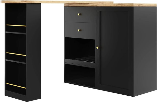 Merax Drehbarer Bartisch in Schwarz und Gold mit Schiebetürschrank, Schubladen und Stauraum, B/T/H: 105 x 39 x 102 cm - Bild 1