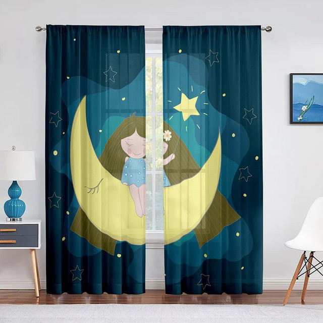Transparente Tüllgardine Super Six mit Cartoon-Hasen und Sternen Motiv in Blau, Breite: 100 cm, Höhe: 250 cm - Bild 1