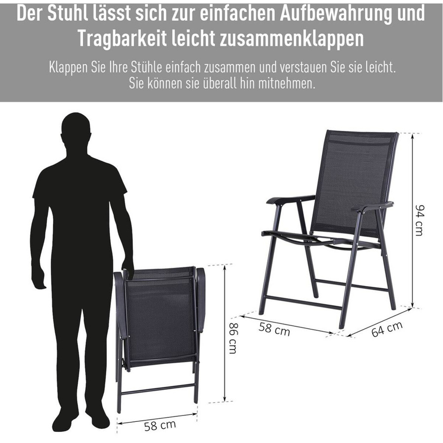 Outsunny Campingstühle 2er-Set mit Armlehnen aus Textilene und Metall in Schwarz, B/T/H: 58 x 64 x 94 cm - Bild 3