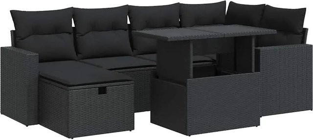 vidaXL 7-teilige Garten-Sofagarnitur aus Poly-Rattan mit Kissen in Schwarz - Bild 1