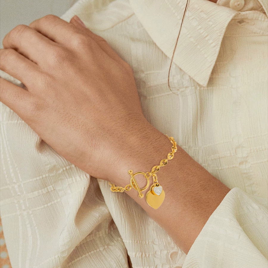 LNCHRAN Armband, Edelstahl, Gold, Zirkonia, Damen, Doppelherz Anhänger - Bild 3