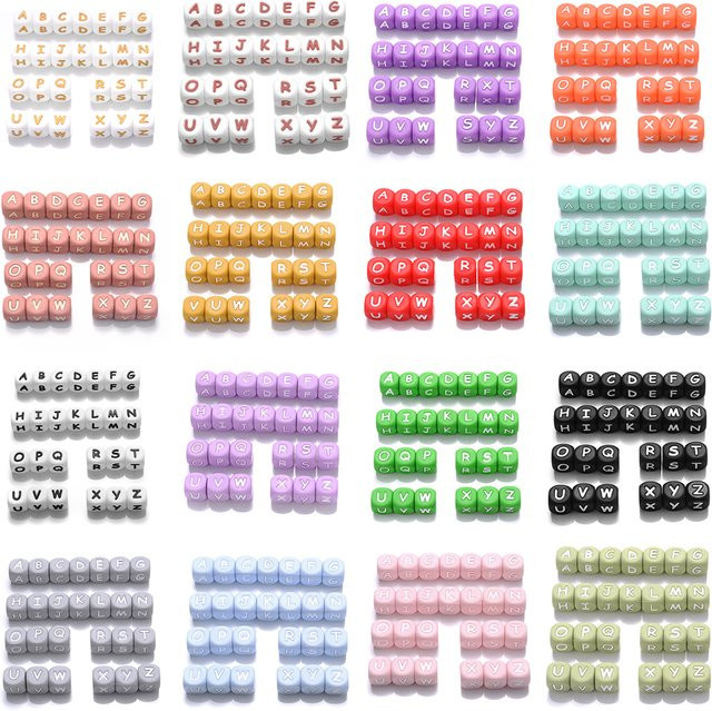 26 Stück Silikon Alphabet Perlen mit englischen Buchstaben in Mehrfarben und Orange, 12 mm Durchmesser, BPA-frei für Schnuller-Clips, Ketten und Beißringe - Bild 1