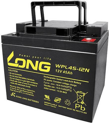 Long WPL45-12 AGM Bleiakku 12V 45Ah Schwarz mit M6-Schraubanschluss B/H/T: 19,9 x 17,1 x 16,6 cm - Bild 1